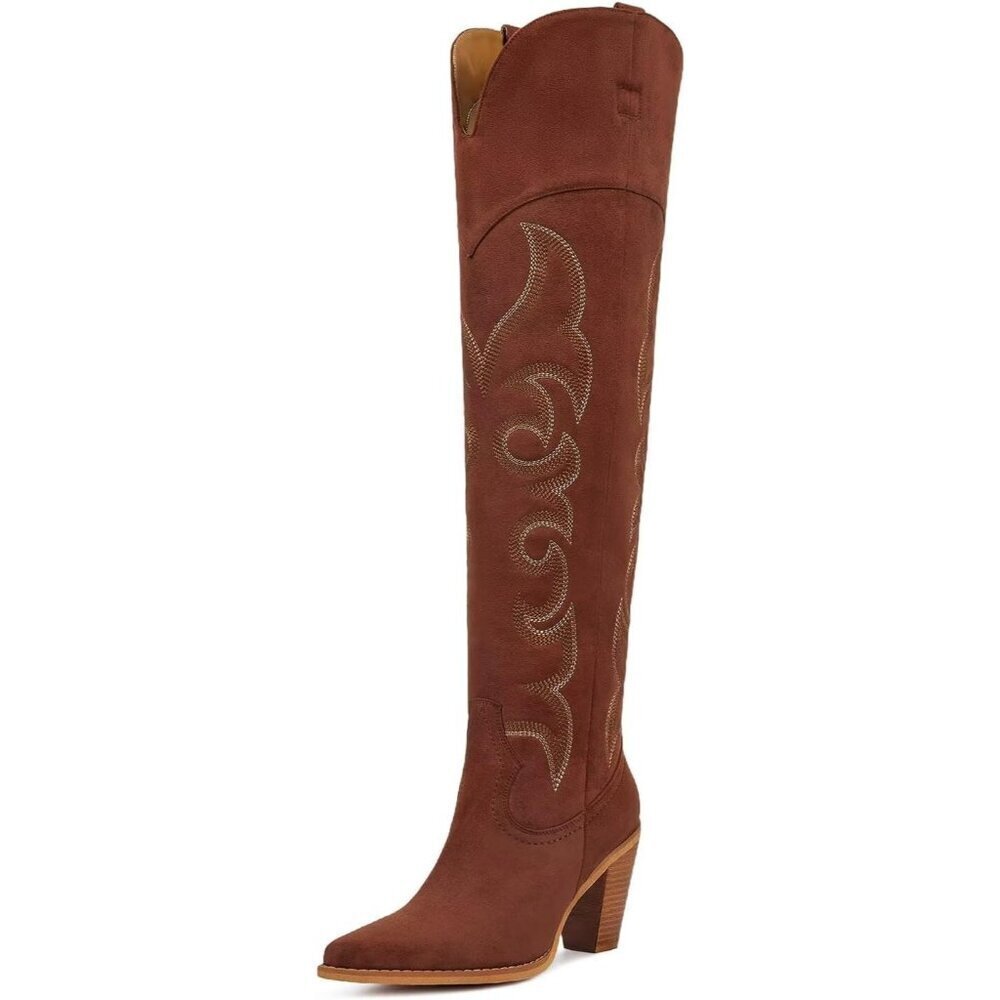 Women Over Knee Reddish Faux Leather Pull On Tab Chunky Heel Pointed Toe Boots